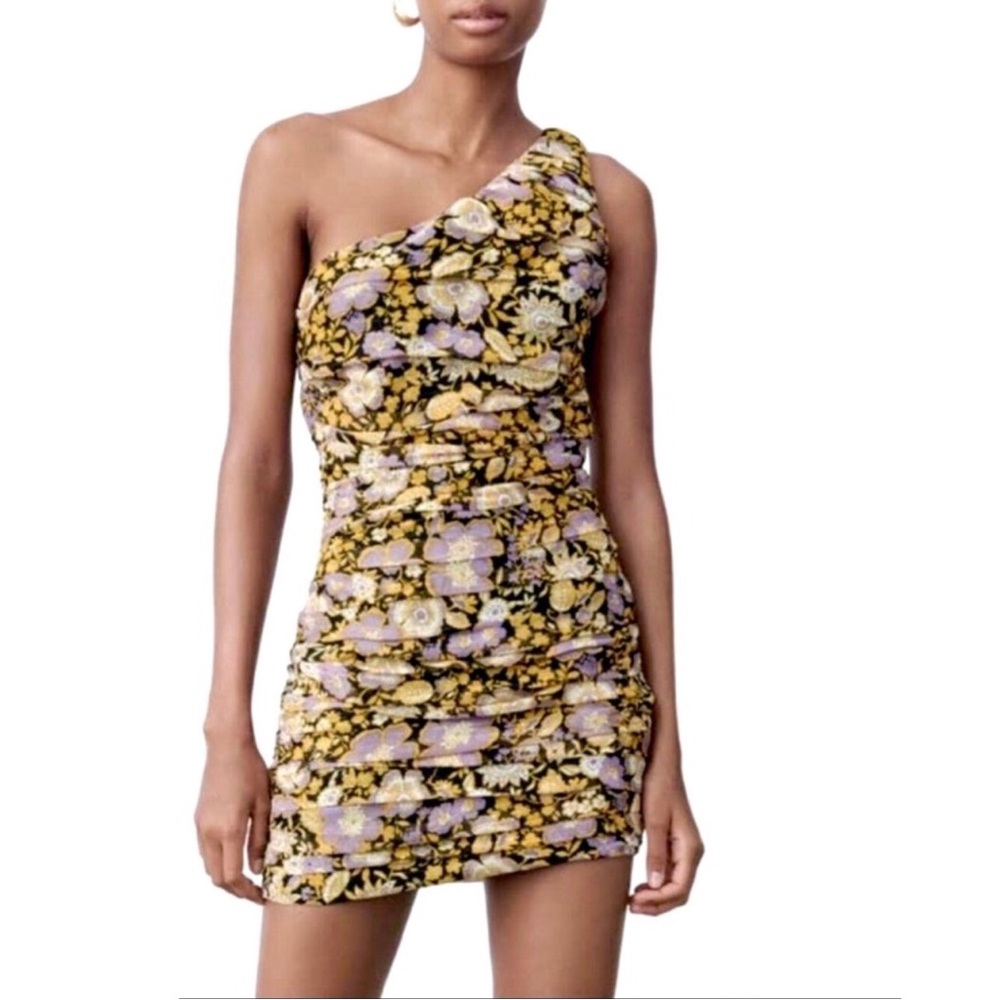 Zara Floral Metallic Ruched One Shoulder Mini Dress Size XS - Picture 1 of 13